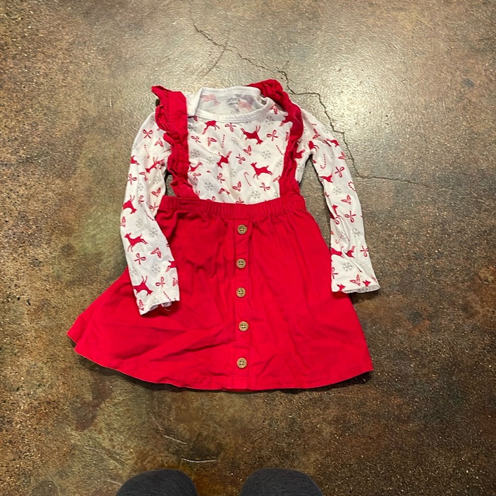 Corduroy overall dress with reindeer, long sleeve shirt, size 2T